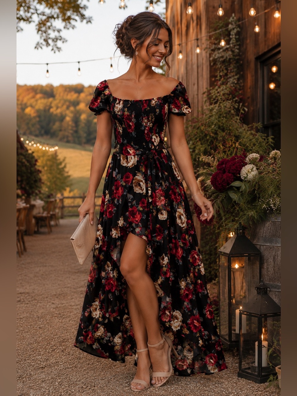 Windsor Floral Hi Lo Maxi Dress Size S black Red Rose Off Shoulder Romantic